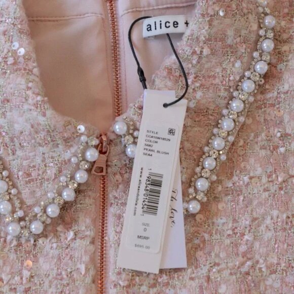 ALICE + OLIVIA Ellis Pearl Pink Tweed  Embellished Mini Dress - Picture 3 of 5